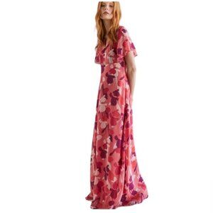 Massimo Dutti NEW Chiffon Floral Maxi Dress Flutter Sleeves Tie Crew Party Flowy